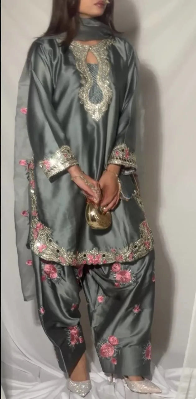 New Arrival Grey Floral Embroidery Kurti With Farshi Salwar Suit Eid Collection