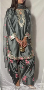 New Arrival Grey Floral Embroidery Kurti With Farshi Salwar Suit Eid Collection