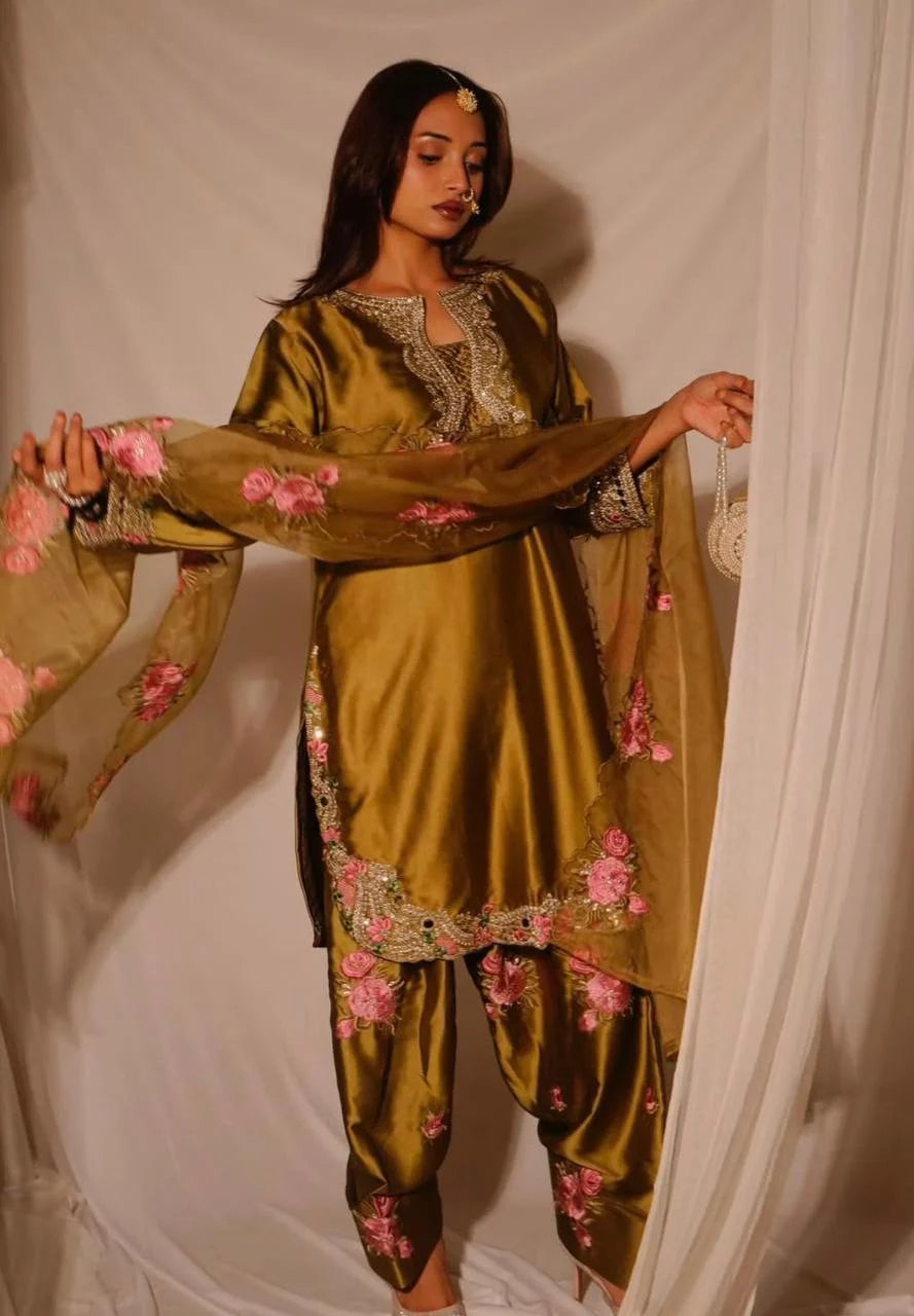 Graceful Olive Gold Japan Satin Farshi Salwar Set With Elegant Dupatta