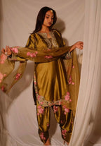 Graceful Olive Gold Japan Satin Farshi Salwar Set With Elegant Dupatta