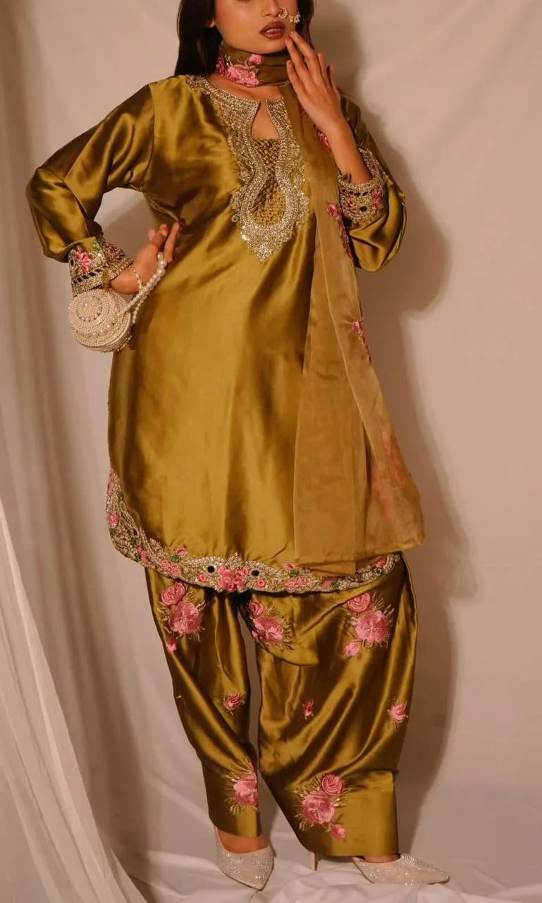 Graceful Olive Gold Japan Satin Farshi Salwar Set With Elegant Dupatta