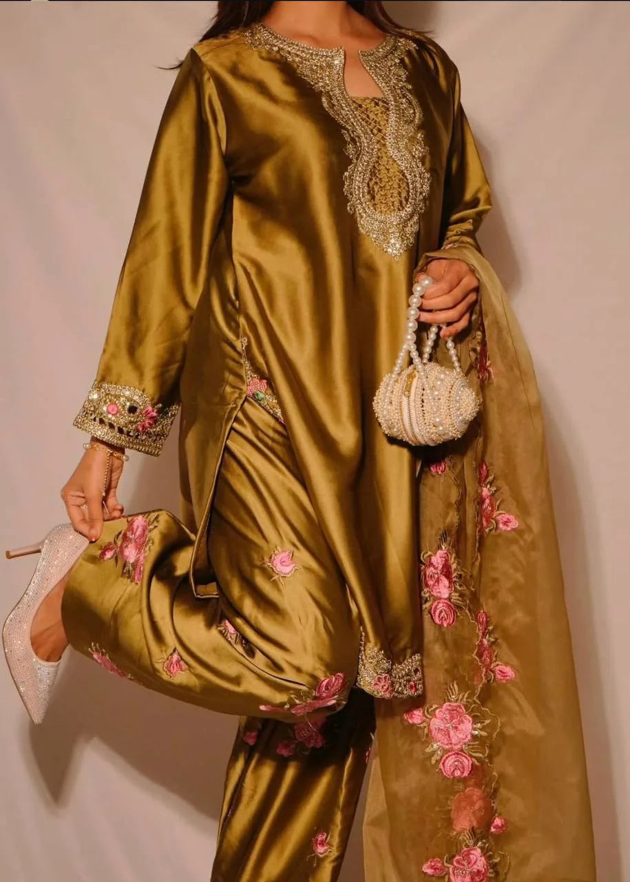 Graceful Olive Gold Japan Satin Farshi Salwar Set With Elegant Dupatta