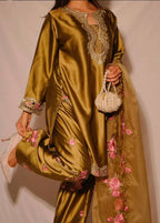 Graceful Olive Gold Japan Satin Farshi Salwar Set With Elegant Dupatta