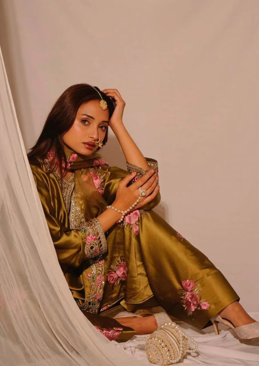 Graceful Olive Gold Japan Satin Farshi Salwar Set With Elegant Dupatta