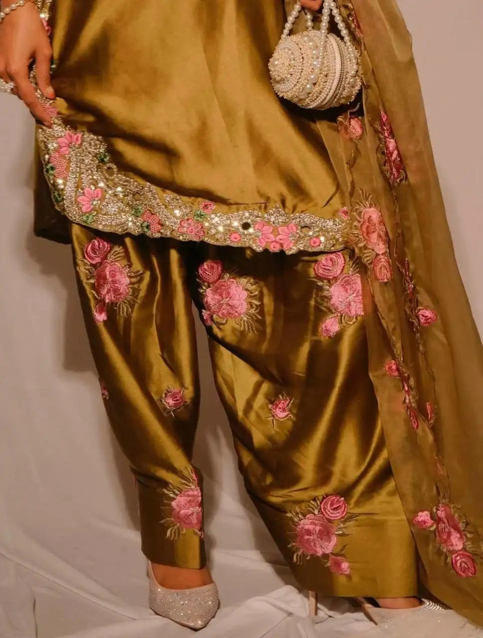 Graceful Olive Gold Japan Satin Farshi Salwar Set With Elegant Dupatta