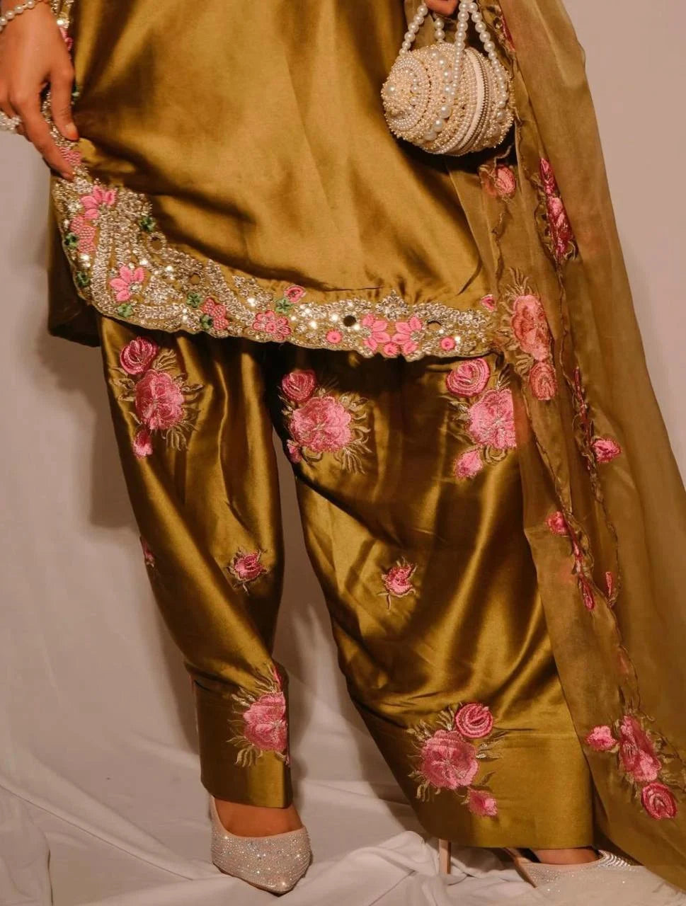 Graceful Olive Gold Japan Satin Farshi Salwar Set With Elegant Dupatta