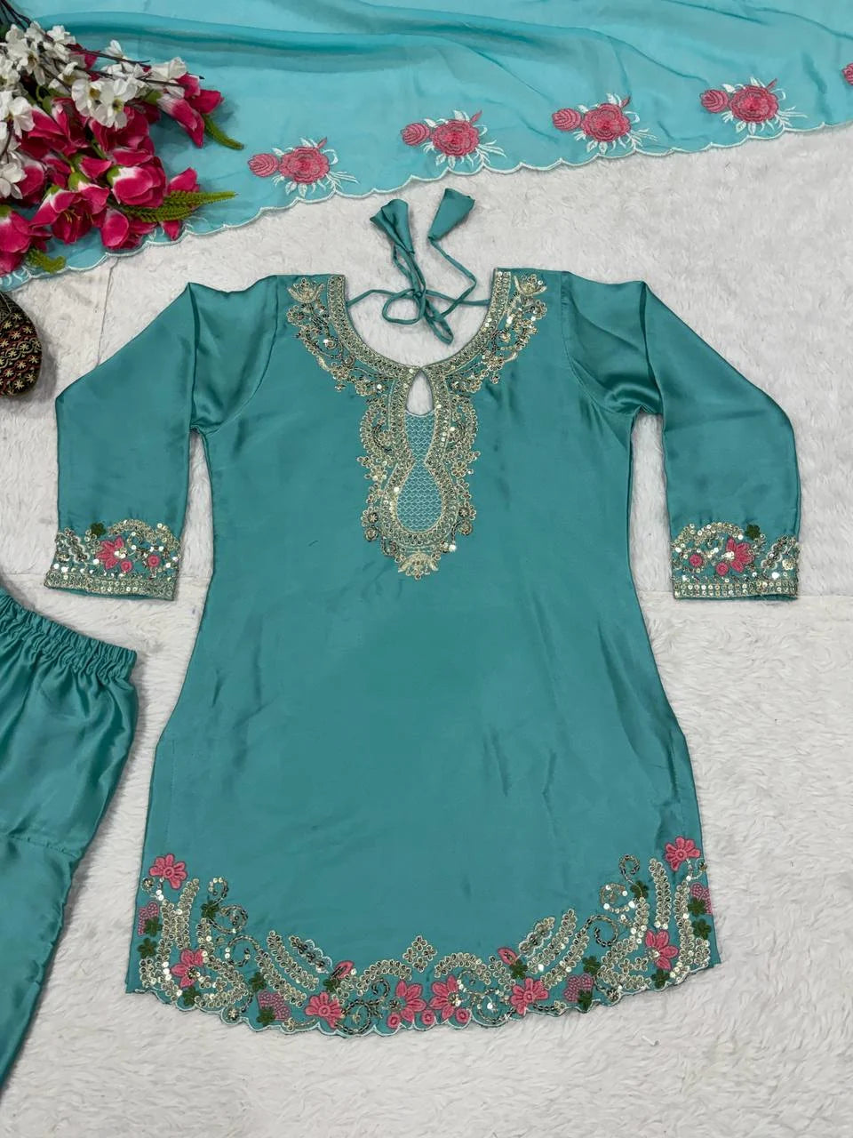Luxury Japan Satin Kurti Farshi Suit With Organza Silk Dupatta