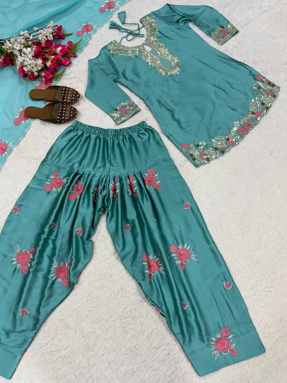 Luxury Japan Satin Kurti Farshi Suit With Organza Silk Dupatta