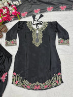 Fashionable Black Eid Wear Satin Farshi Suit With Designer Dupatta