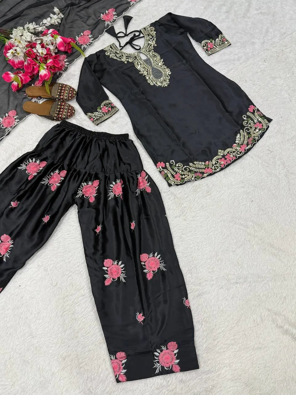 Fashionable Black Eid Wear Satin Farshi Suit With Designer Dupatta