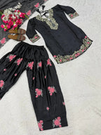 Fashionable Black Eid Wear Satin Farshi Suit With Designer Dupatta