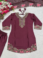 Trendy Eid Collection Maroon Satin Kurti Farshi Salwar Dupatta Set