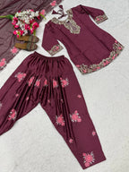 Trendy Eid Collection Maroon Satin Kurti Farshi Salwar Dupatta Set