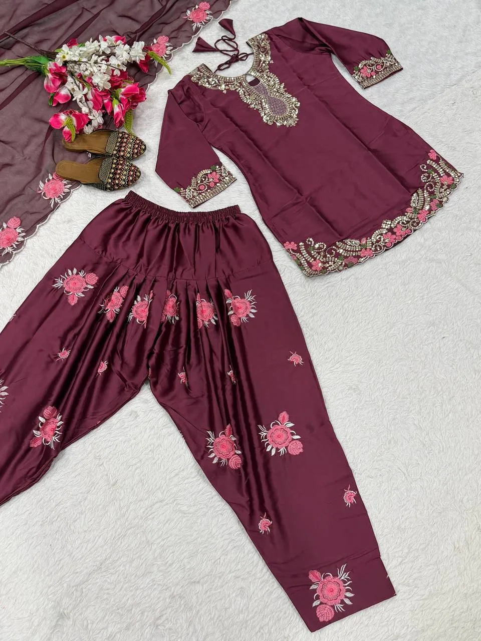 Trendy Eid Collection Maroon Satin Kurti Farshi Salwar Dupatta Set