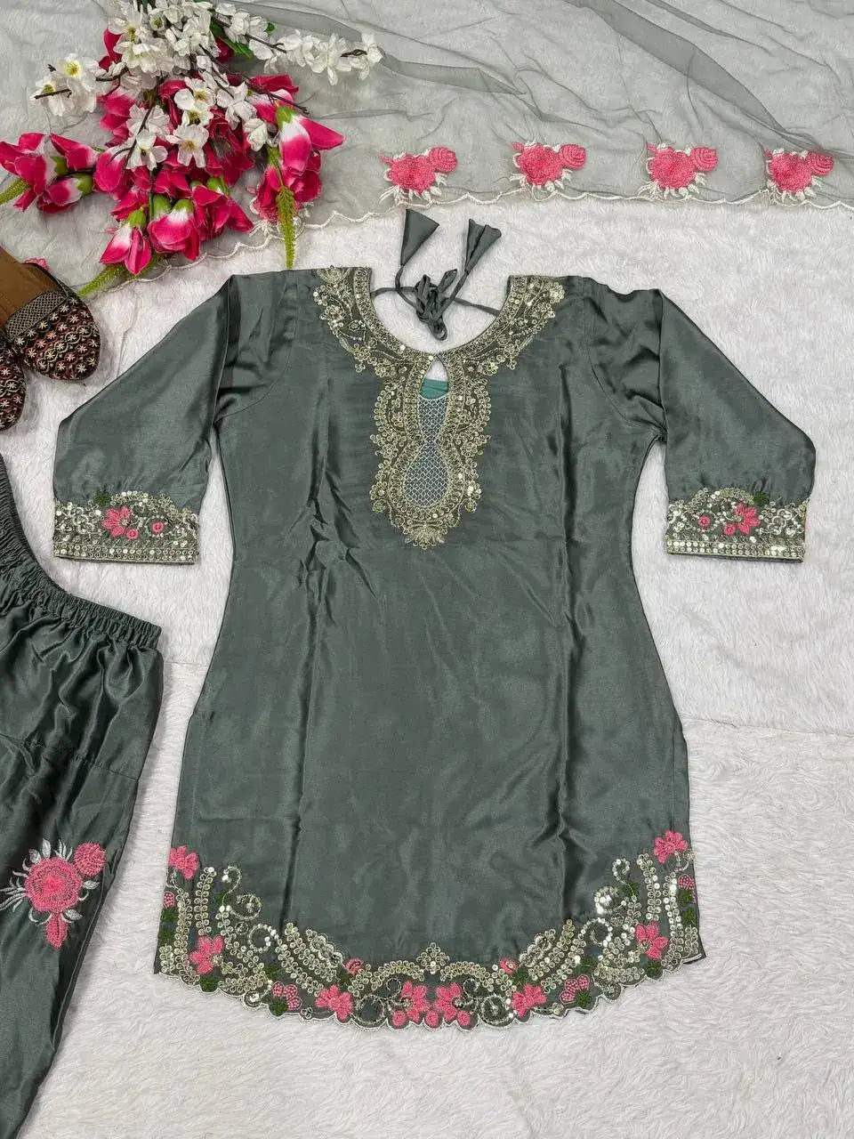 New Arrival Grey Floral Embroidery Kurti With Farshi Salwar Suit Eid Collection
