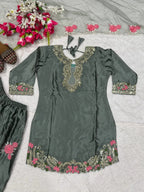 New Arrival Grey Floral Embroidery Kurti With Farshi Salwar Suit Eid Collection