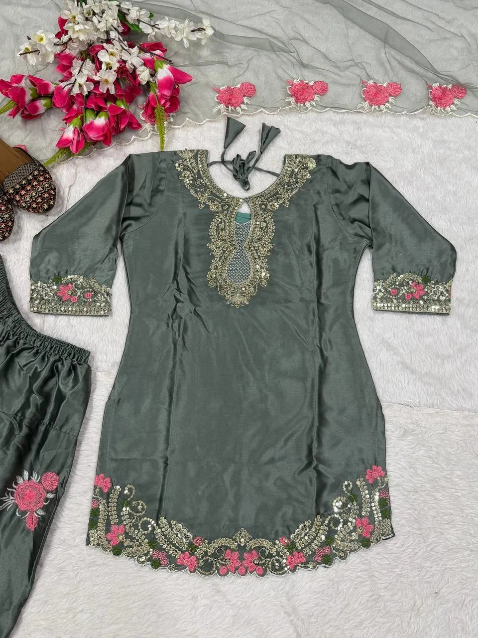 New Arrival Grey Floral Embroidery Kurti With Farshi Salwar Suit Eid Collection