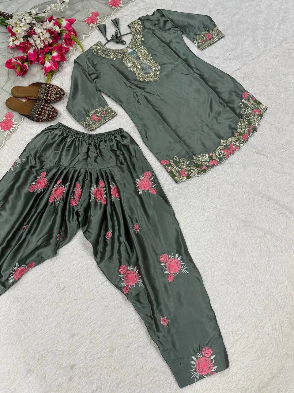 New Arrival Grey Floral Embroidery Kurti With Farshi Salwar Suit Eid Collection