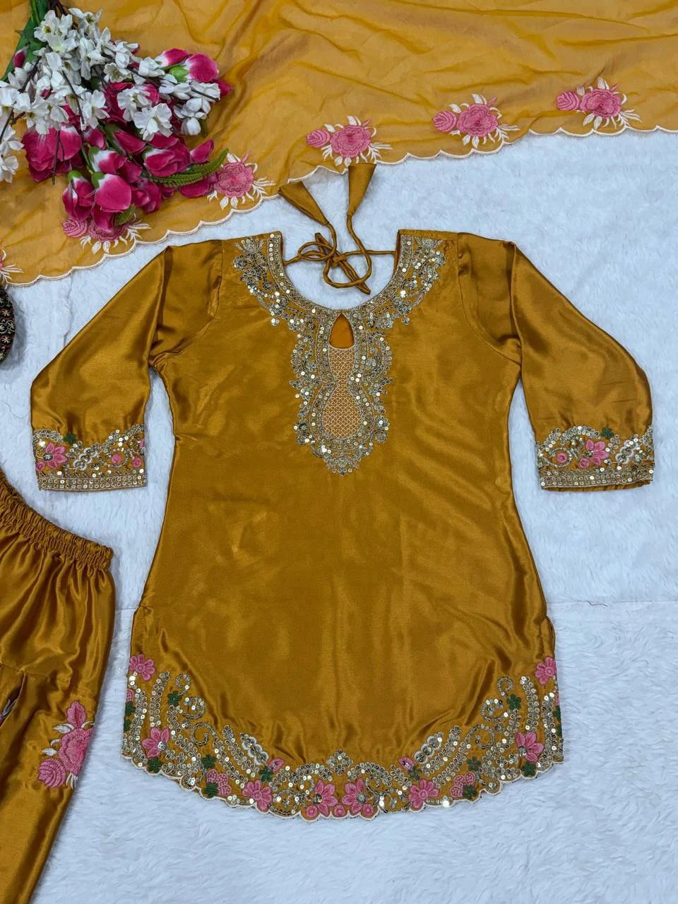 Graceful Olive Gold Japan Satin Farshi Salwar Set With Elegant Dupatta