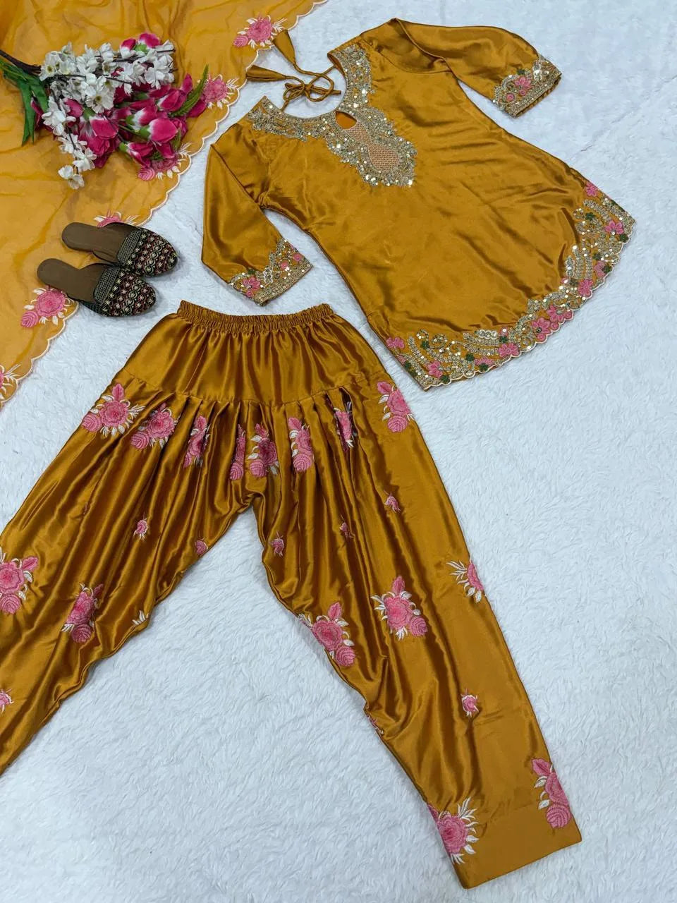 Graceful Olive Gold Japan Satin Farshi Salwar Set With Elegant Dupatta