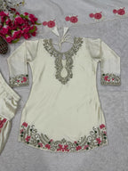 Party Wear White Japan Satin Farshi Salwar Suit With Embroidery Work