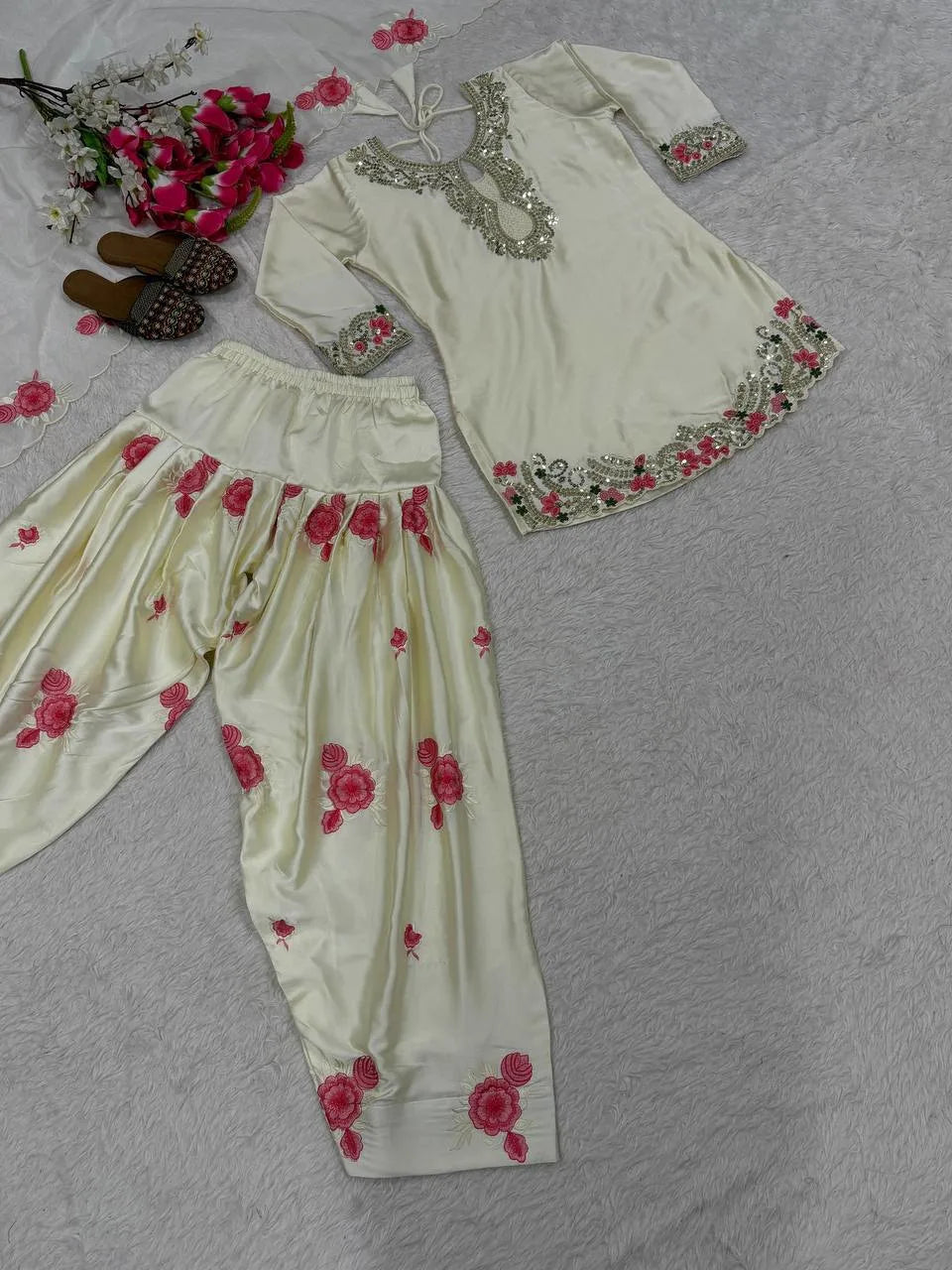 Party Wear White Japan Satin Farshi Salwar Suit With Embroidery Work
