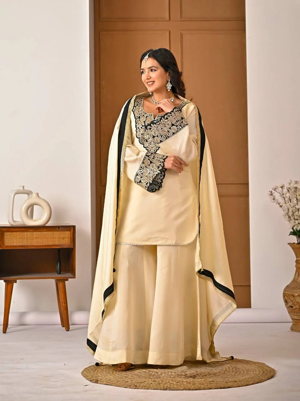 Elegant Roman Silk Sharara Suit with Embroidered Full Sleeve Top