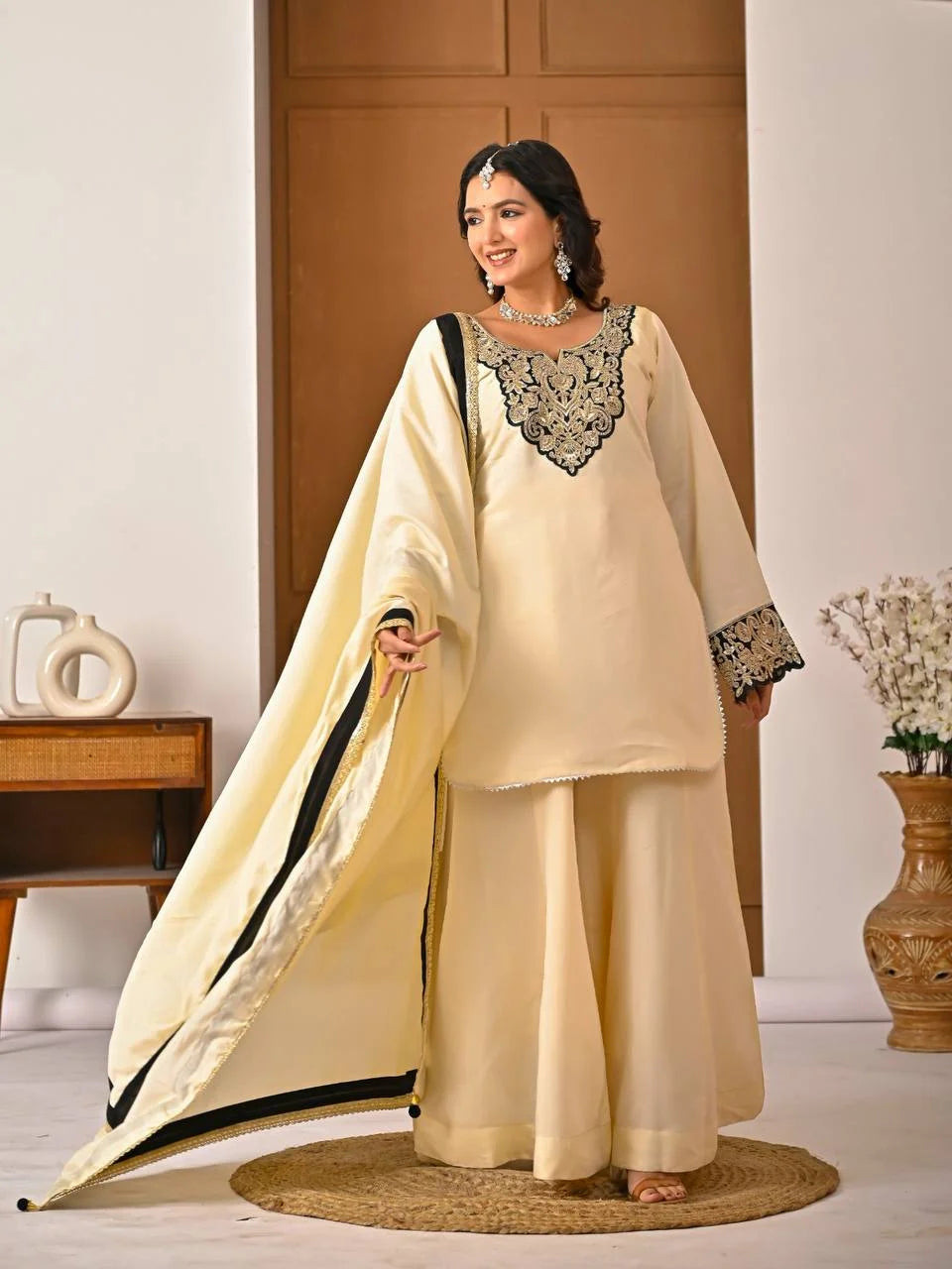 Elegant Roman Silk Sharara Suit with Embroidered Full Sleeve Top
