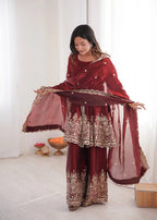 Luxury Festive Wear Set â€“ Two-Tone Fandy Silk Top, Plazzo & Dupatta