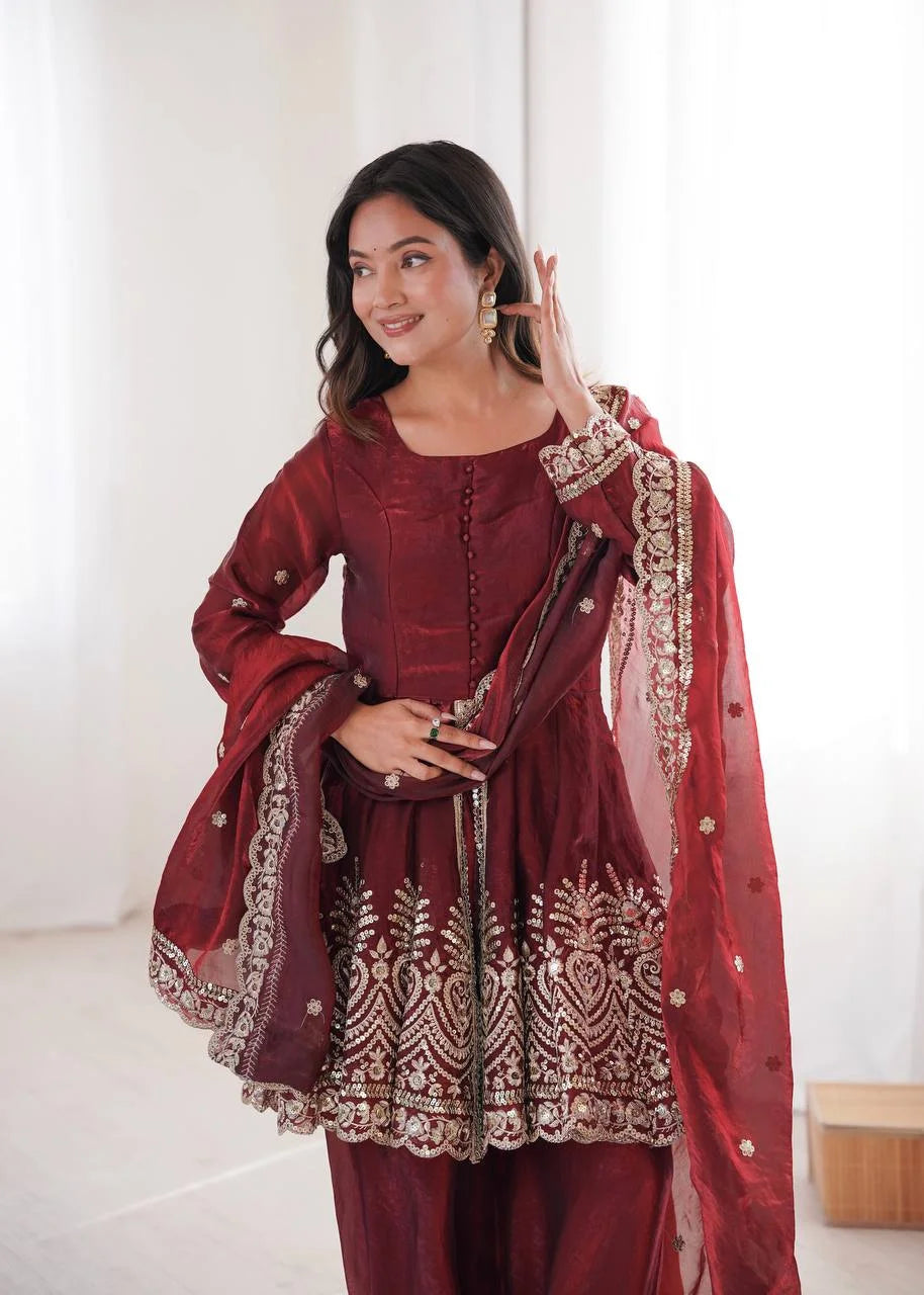 Luxury Festive Wear Set â€“ Two-Tone Fandy Silk Top, Plazzo & Dupatta