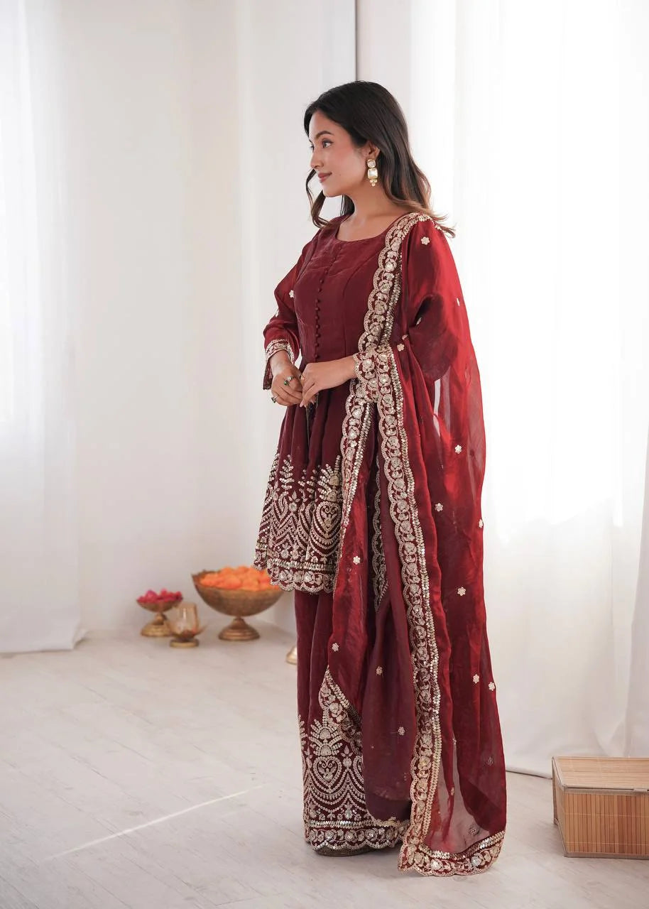 Luxury Festive Wear Set â€“ Two-Tone Fandy Silk Top, Plazzo & Dupatta