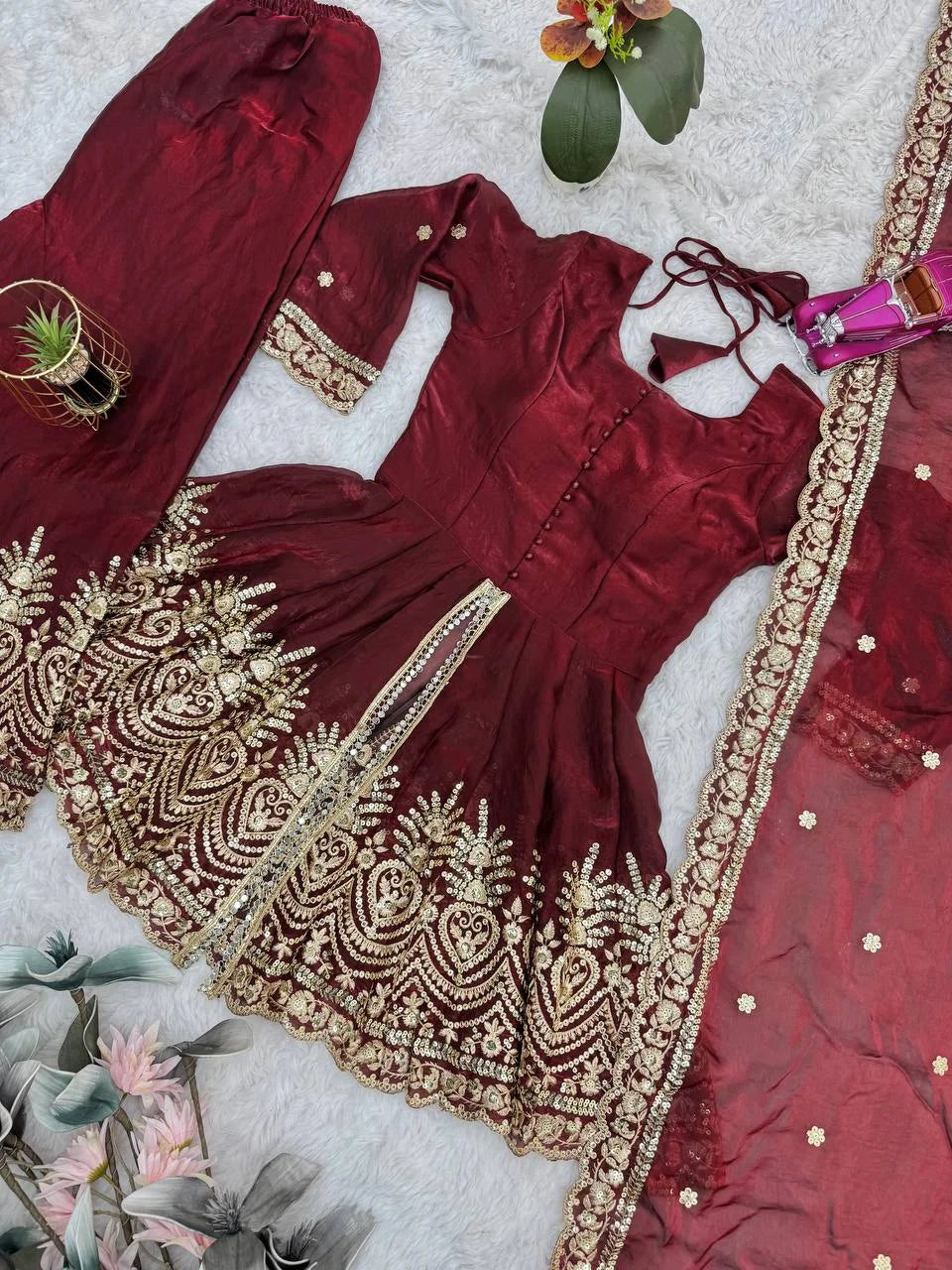 Luxury Festive Wear Set â€“ Two-Tone Fandy Silk Top, Plazzo & Dupatta