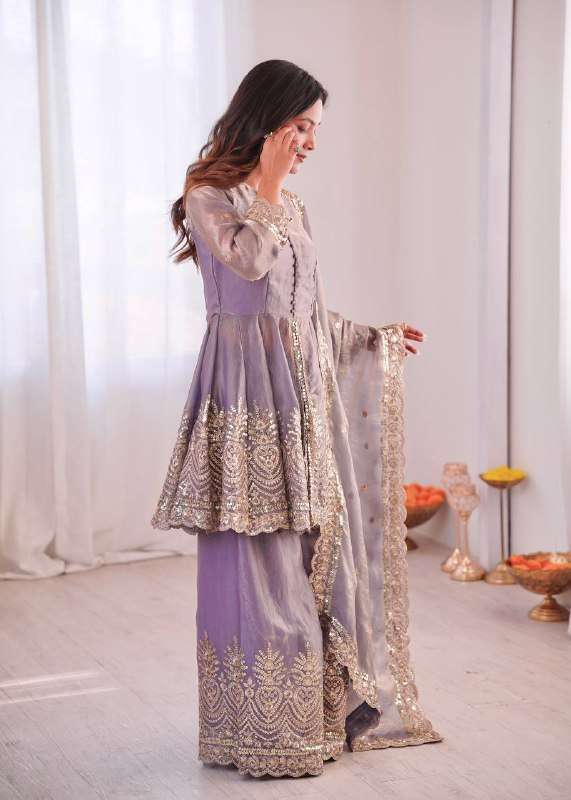 Two Tone Fandy Silk Embroidered Plazzo with Top and Dupatta