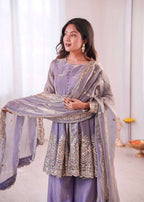 Two Tone Fandy Silk Embroidered Plazzo with Top and Dupatta