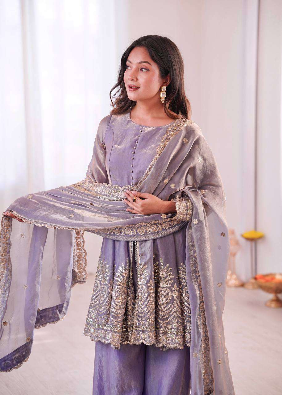 Two Tone Fandy Silk Embroidered Plazzo with Top and Dupatta