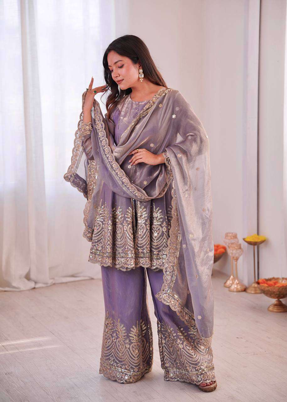 Two Tone Fandy Silk Embroidered Plazzo with Top and Dupatta