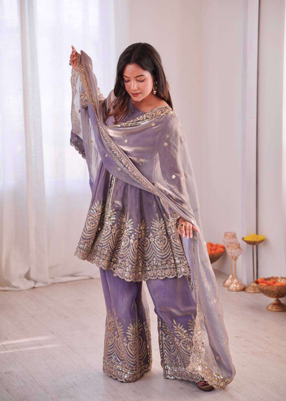 Two Tone Fandy Silk Embroidered Plazzo with Top and Dupatta