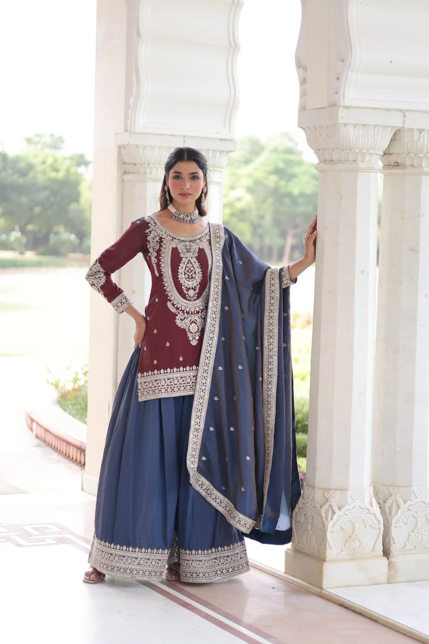 Designer Silk Top & Sharara Set with Zari Embroidery Dupatta