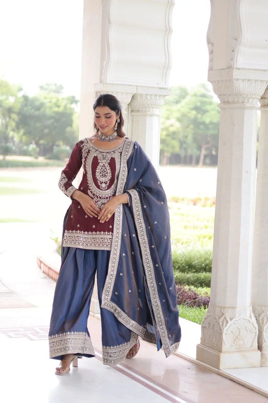 Designer Silk Top & Sharara Set with Zari Embroidery Dupatta