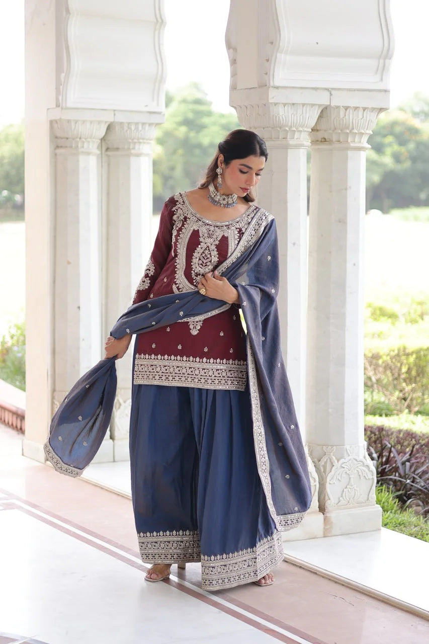 Designer Silk Top & Sharara Set with Zari Embroidery Dupatta