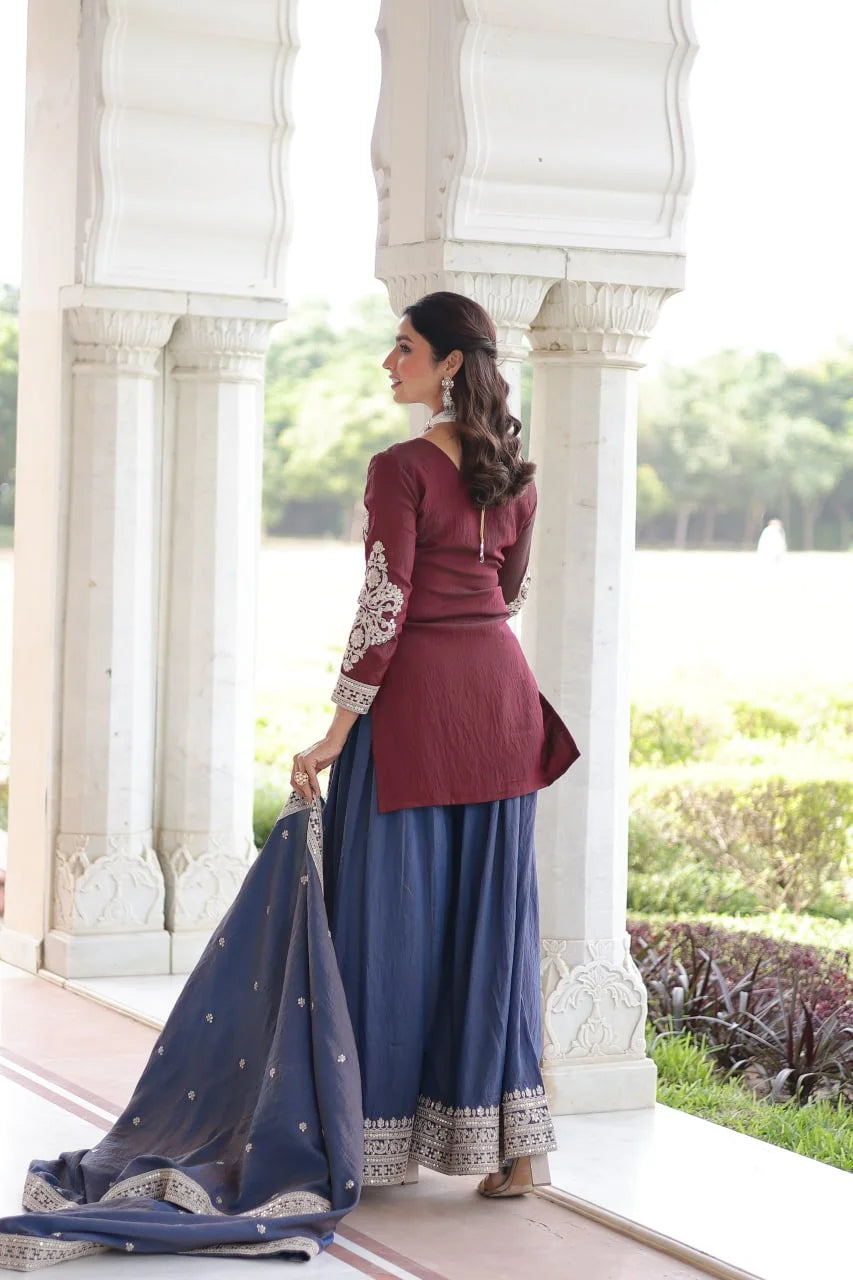 Designer Silk Top & Sharara Set with Zari Embroidery Dupatta