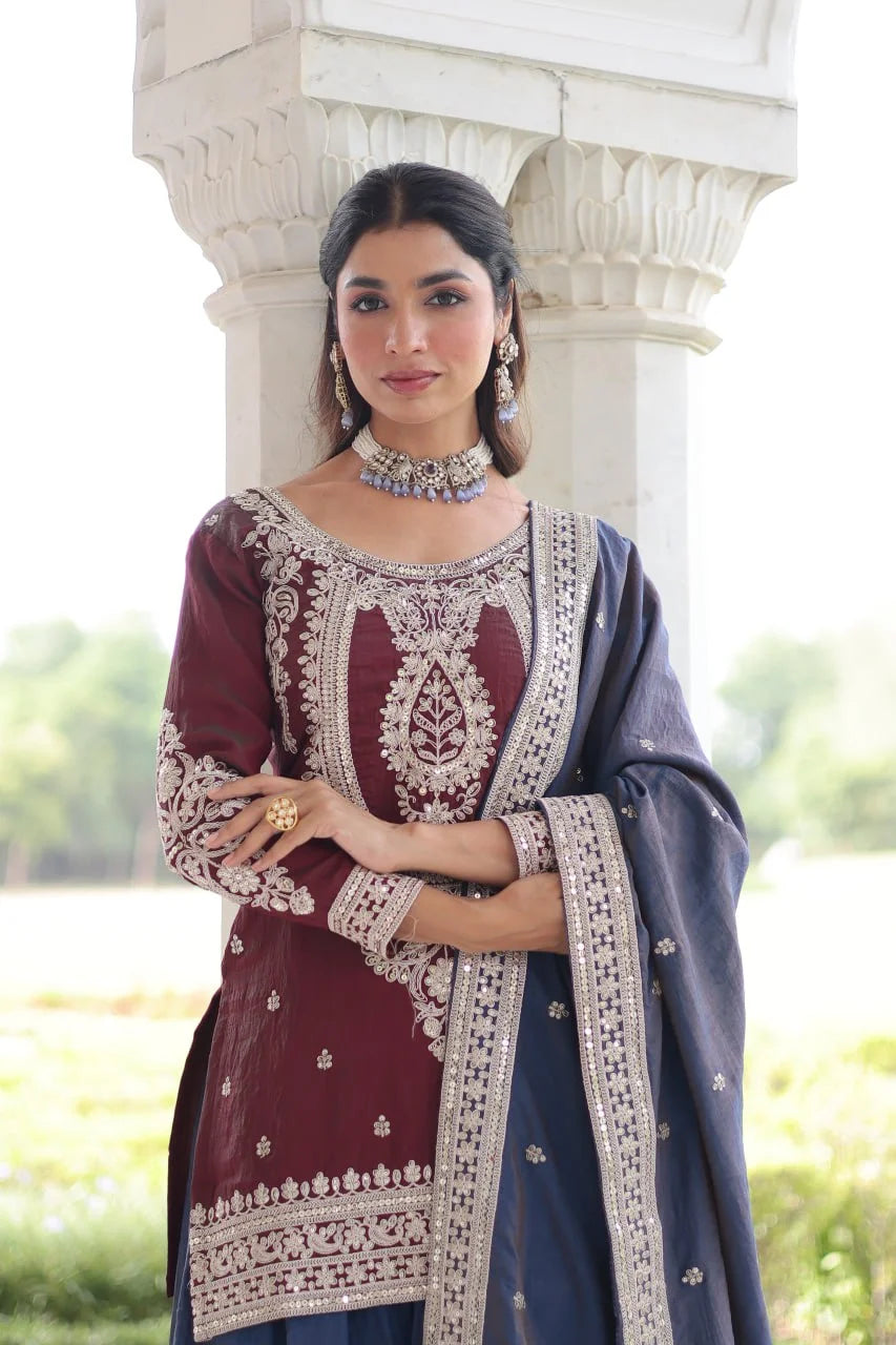 Designer Silk Top & Sharara Set with Zari Embroidery Dupatta
