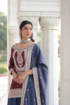 Designer Silk Top & Sharara Set with Zari Embroidery Dupatta