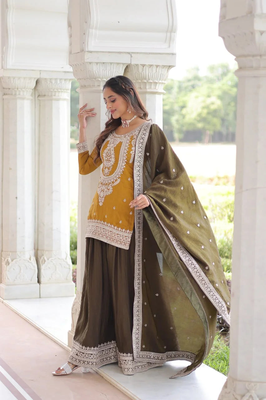 Premium Silk Round Neck Top Sharara Set with Lace Dupatta