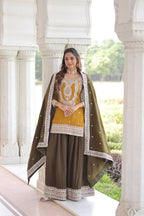 Premium Silk Round Neck Top Sharara Set with Lace Dupatta
