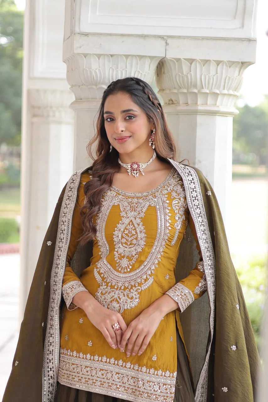 Premium Silk Round Neck Top Sharara Set with Lace Dupatta