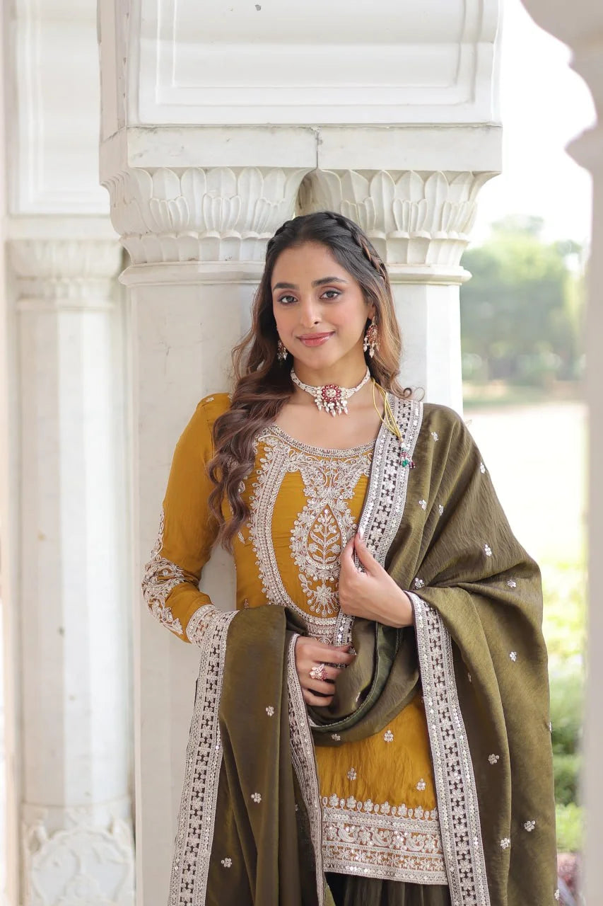 Premium Silk Round Neck Top Sharara Set with Lace Dupatta