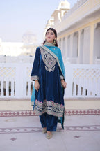 Premium Blue Velvet Round Neck Top Pant Set with Tebby Silk Dupatta