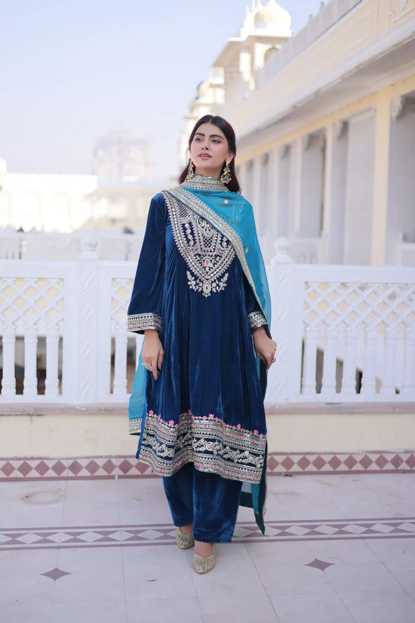 Premium Blue Velvet Round Neck Top Pant Set with Tebby Silk Dupatta