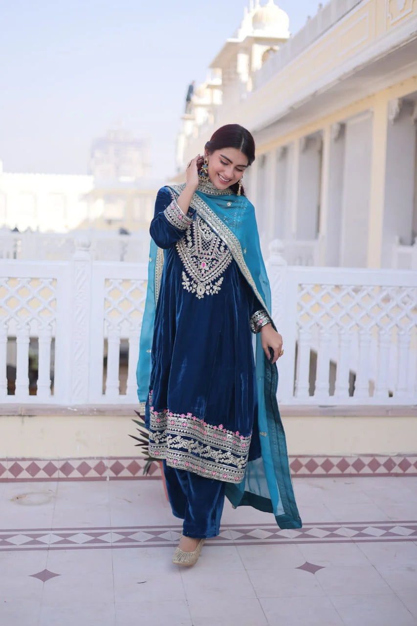 Premium Blue Velvet Round Neck Top Pant Set with Tebby Silk Dupatta